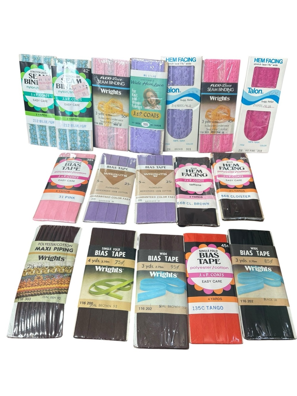 Lot of 17 Bias Tape & Hem Facing Packs Pink Purple Blue Black Red brown lace